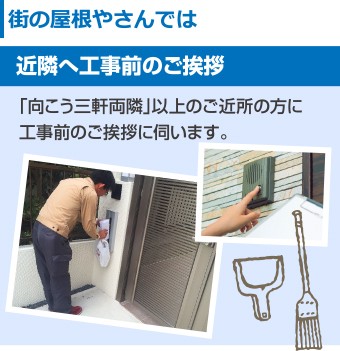 街の屋根やさん 「向こう三軒両隣」以上のご近所の方に工事前のご挨拶に伺います