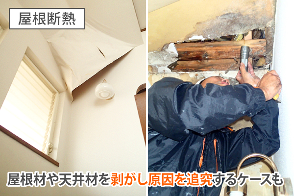 屋根断熱の場合ｍ屋根材や天井材を剥がし原因を追究するケースも